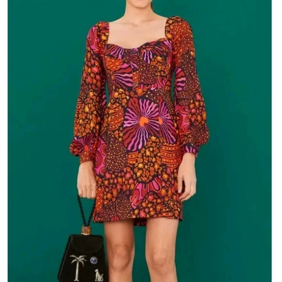 Farm Rio Leopard Hearts Long Sleeve Mini Dress Size XS Sweetheart Neckline - Picture 1 of 16